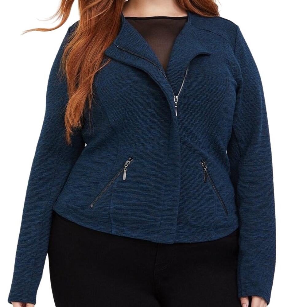 Torrid Studio Double Knit Moto Jacket Long Sleeve Side Zip Collared Navy Blue 2X